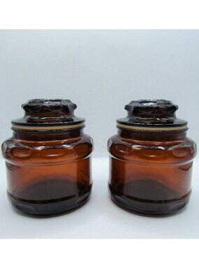 Two Dark Amber Apothecary Glass Jars